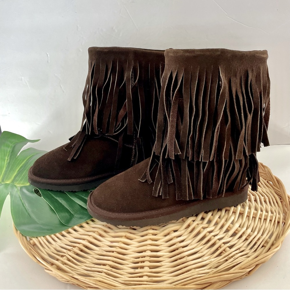 Minnetonka NWOT Moccasin brown suede fringe hippie boho faux fur boots size 6 - Picture 7 of 14